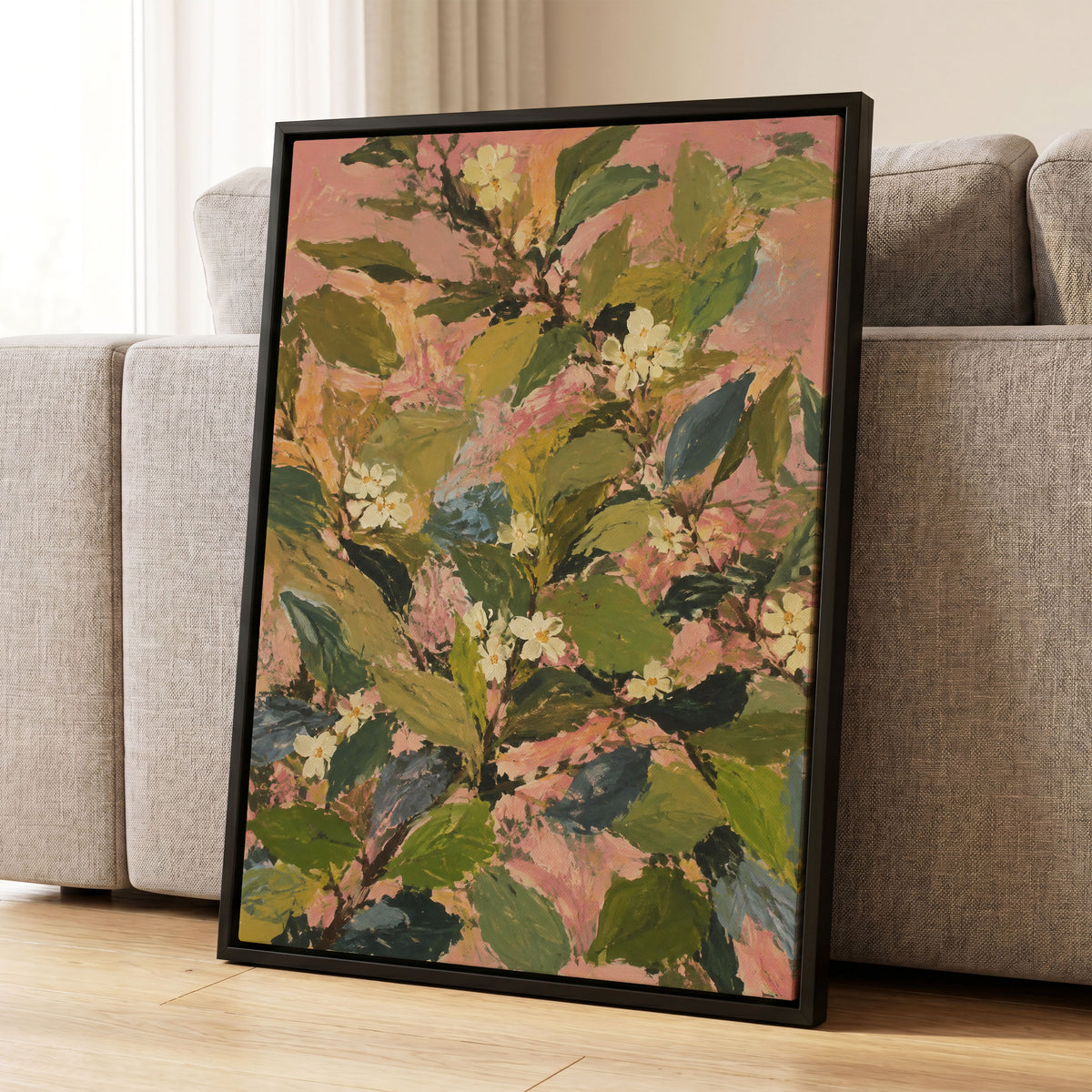 Blossoms in Blush, green, pink, white floral wall art displayed in a styled interior, gallery view 8