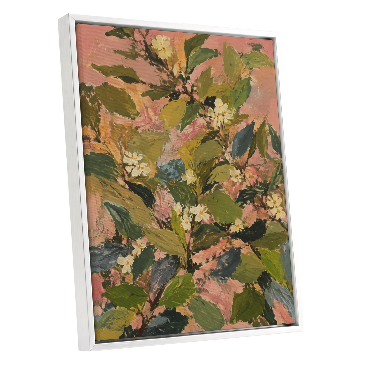 Blossoms in Blush, green, pink, white floral wall art shown as a white framed canvas wall art