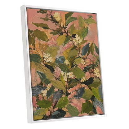 Blossoms in Blush, green, pink, white floral wall art shown as a white framed canvas wall art