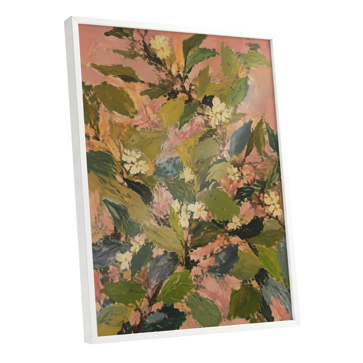 Blossoms in Blush, green, pink, white floral wall art shown as a white framed poster wall art print