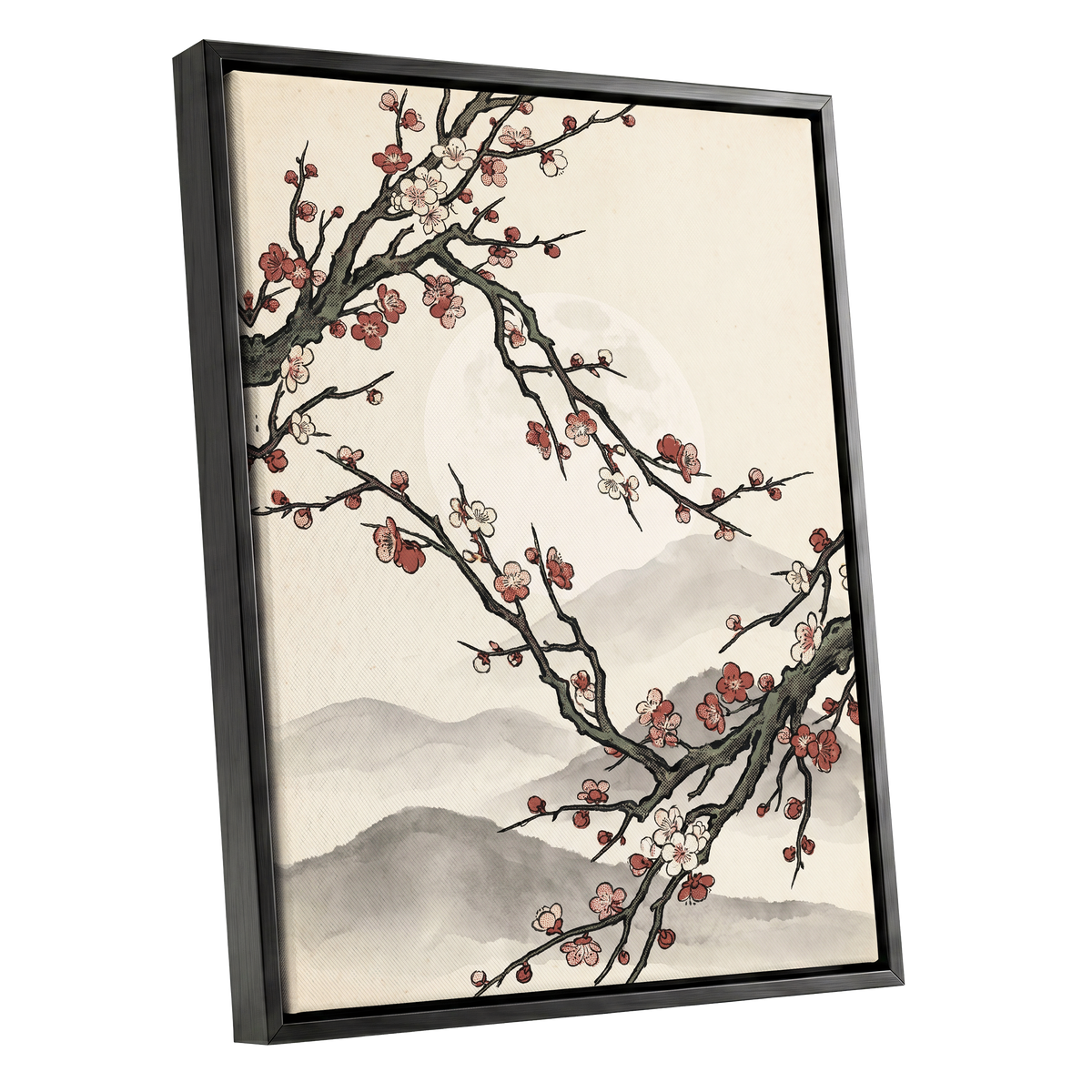 Blossoms in the Mist, beige, black, pink floral wall art shown as a black framed canvas wall art