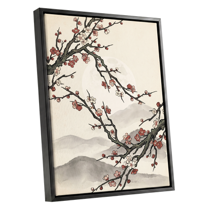 Blossoms in the Mist, beige, black, pink floral wall art shown as a black framed canvas wall art