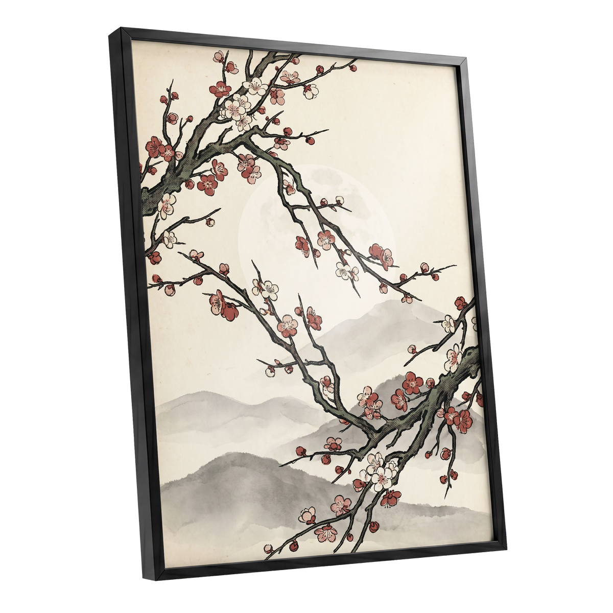 Blossoms in the Mist, beige, black, pink floral wall art shown as a black framed poster wall art print