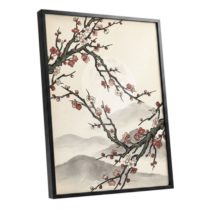 Blossoms in the Mist, beige, black, pink floral wall art shown as a black framed poster wall art print