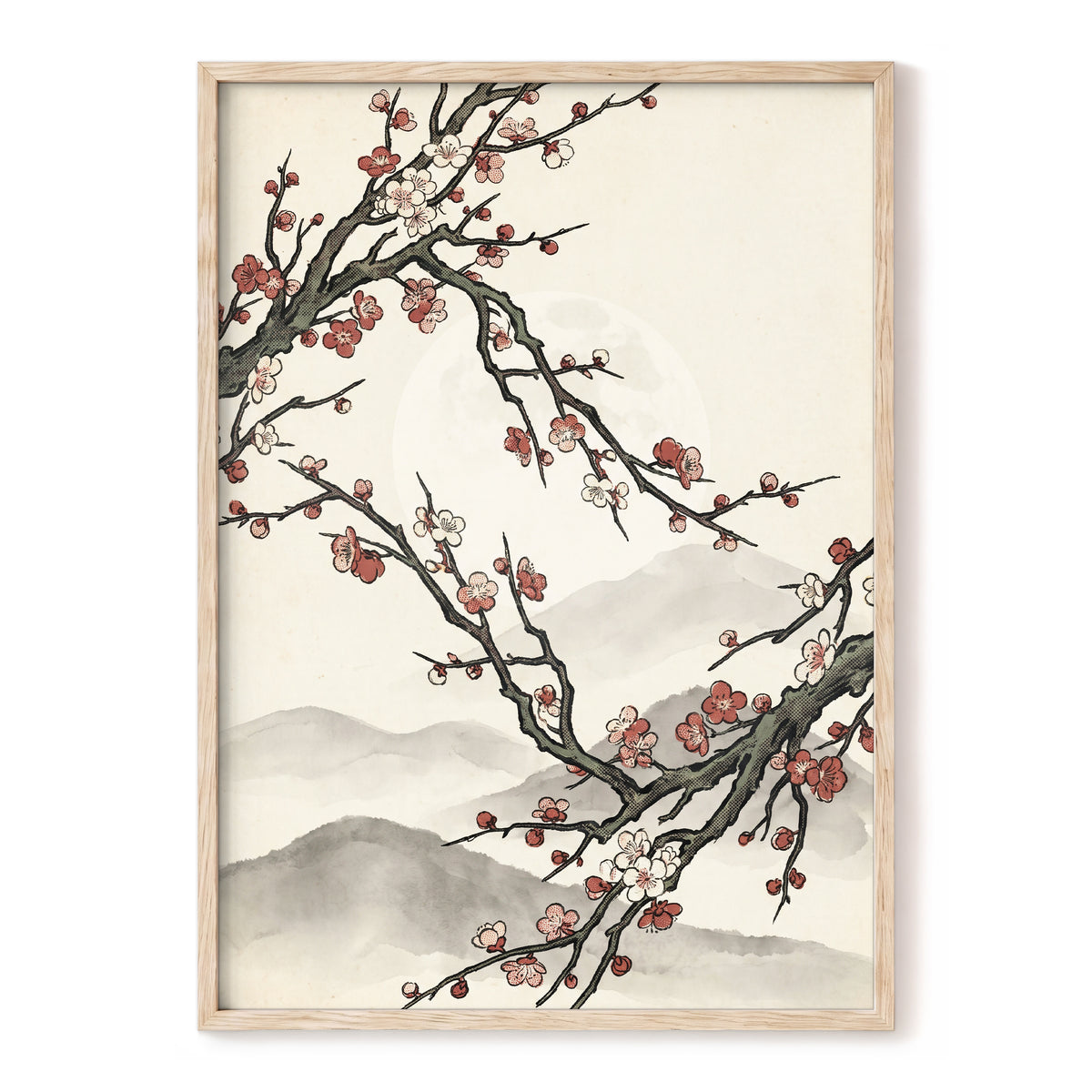 Blossoms in the Mist, beige, black, pink floral wall art, front artwork view