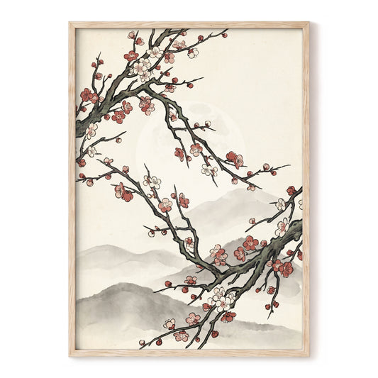 Blossoms in the Mist, beige, black, pink floral wall art, front artwork view