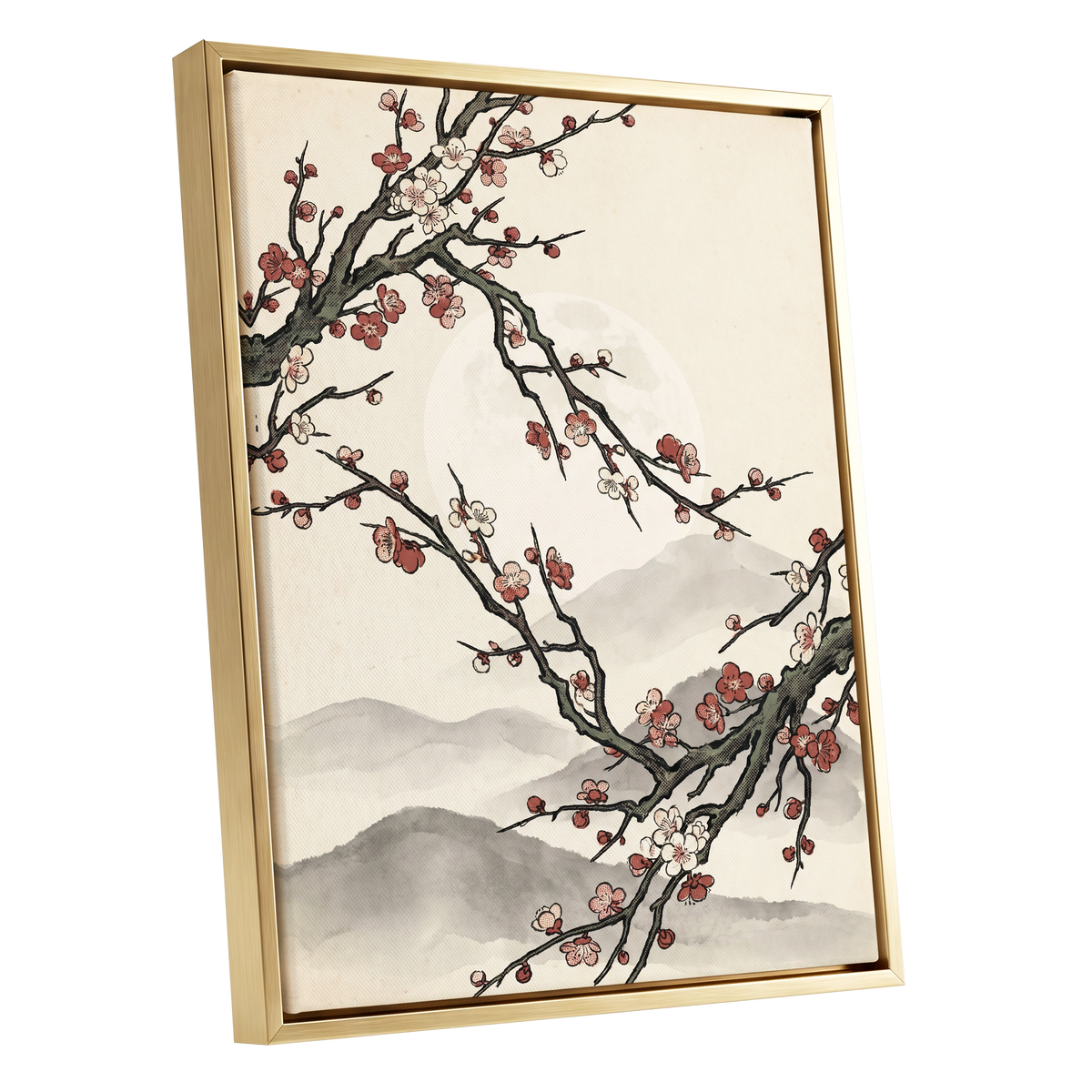 Blossoms in the Mist, beige, black, pink floral wall art shown as a gold framed canvas wall art