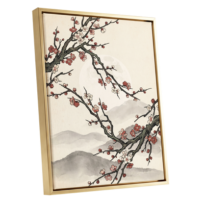Blossoms in the Mist, beige, black, pink floral wall art shown as a gold framed canvas wall art