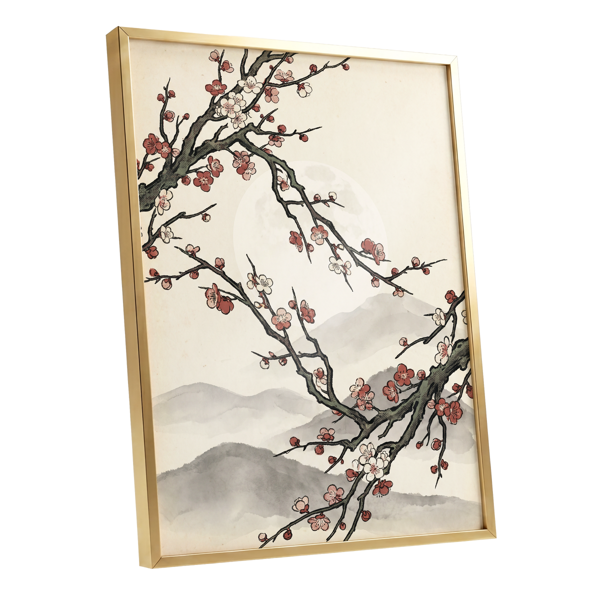 Blossoms in the Mist, beige, black, pink floral wall art shown as a gold framed poster wall art print