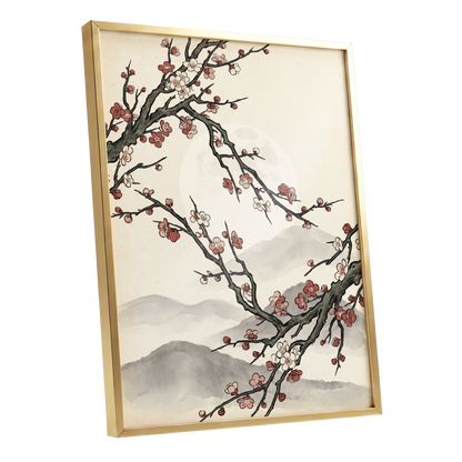Blossoms in the Mist, beige, black, pink floral wall art shown as a gold framed poster wall art print