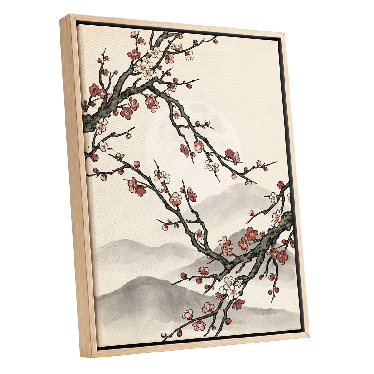 Blossoms in the Mist, beige, black, pink floral wall art shown as a oak framed canvas wall art