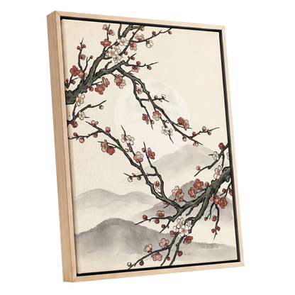 Blossoms in the Mist, beige, black, pink floral wall art shown as a oak framed canvas wall art