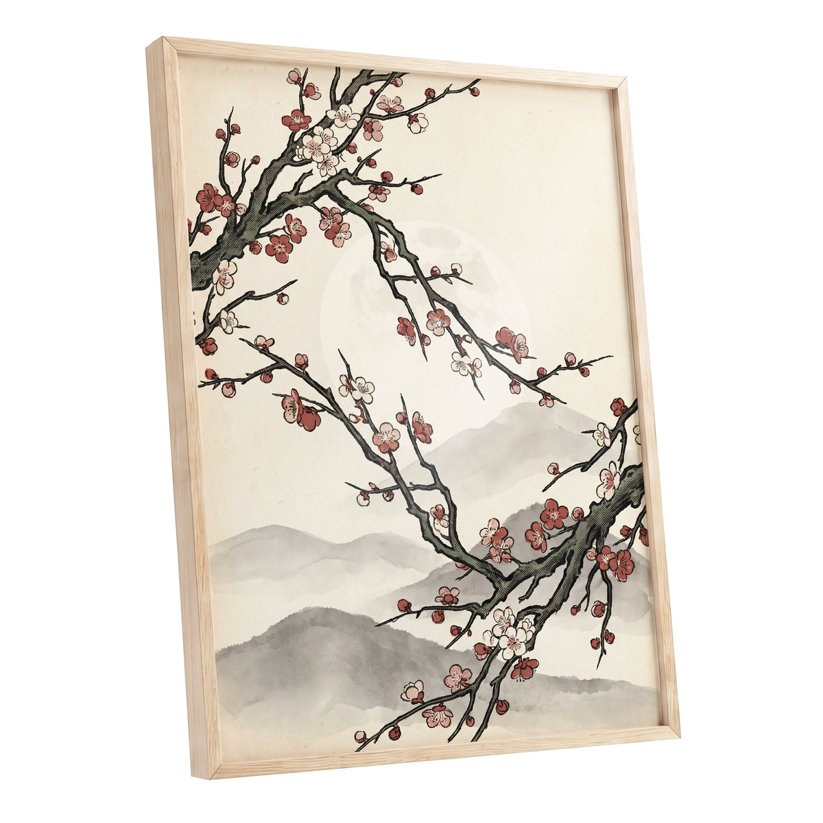 Blossoms in the Mist, beige, black, pink floral wall art shown as a oak framed poster wall art print