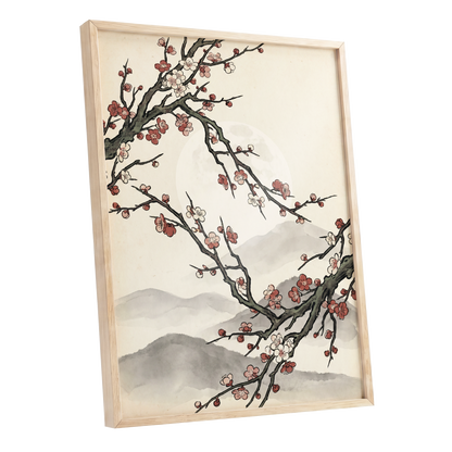 Blossoms in the Mist, beige, black, pink floral wall art shown as a oak framed poster wall art print