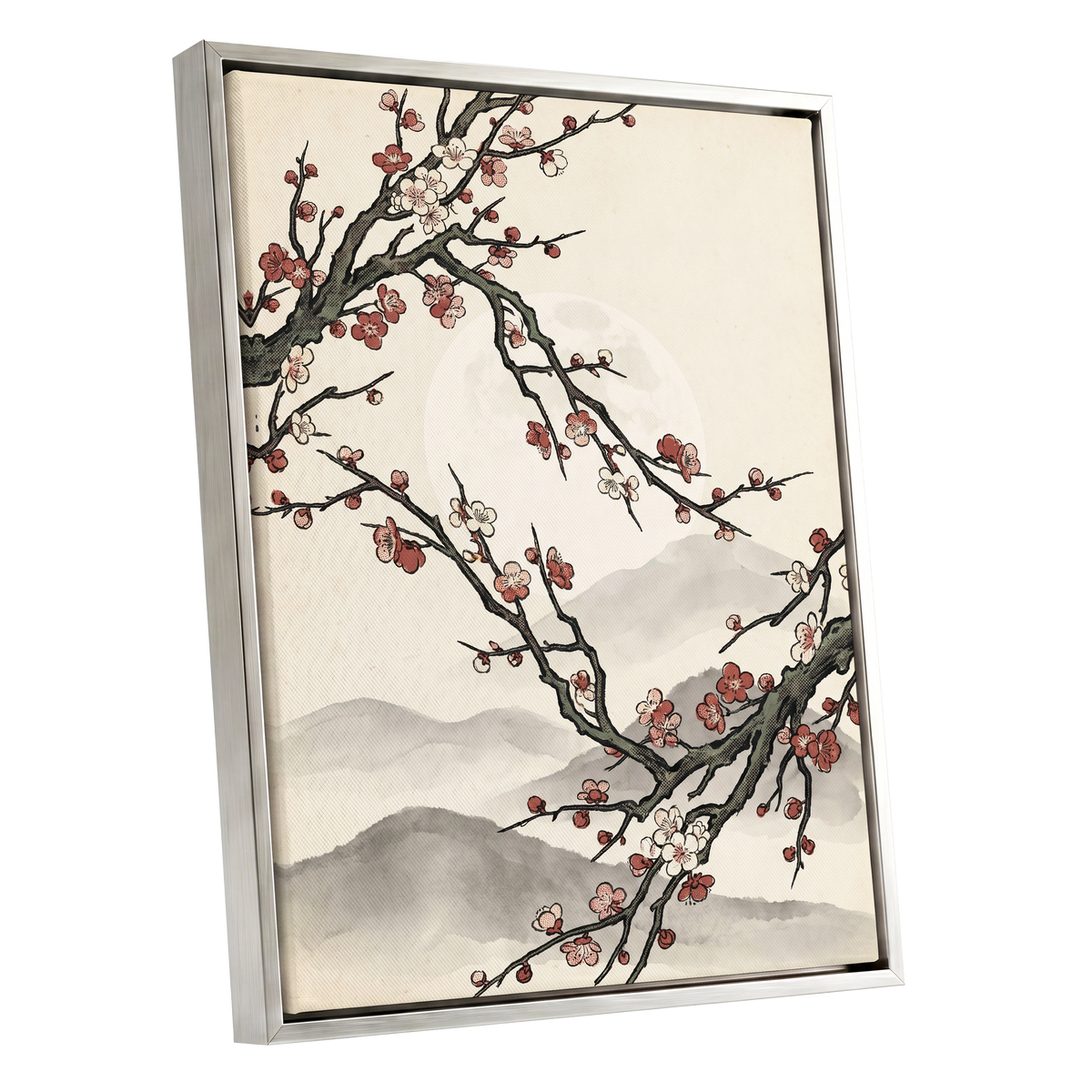Blossoms in the Mist, beige, black, pink floral wall art shown as a silver framed canvas wall art