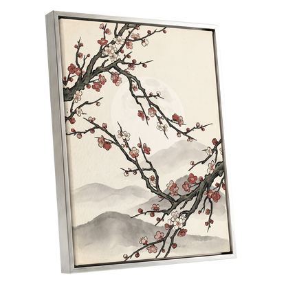 Blossoms in the Mist, beige, black, pink floral wall art shown as a silver framed canvas wall art