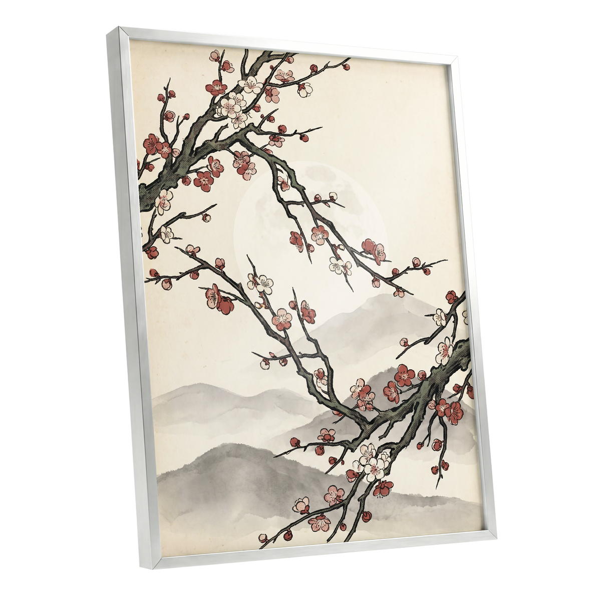 Blossoms in the Mist, beige, black, pink floral wall art shown as a silver framed poster wall art print