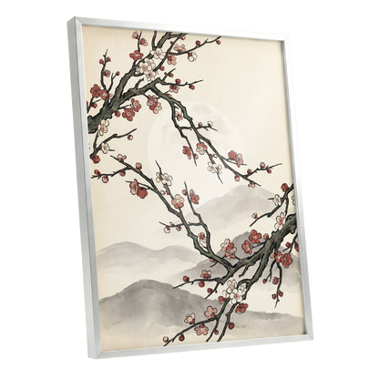 Blossoms in the Mist, beige, black, pink floral wall art shown as a silver framed poster wall art print