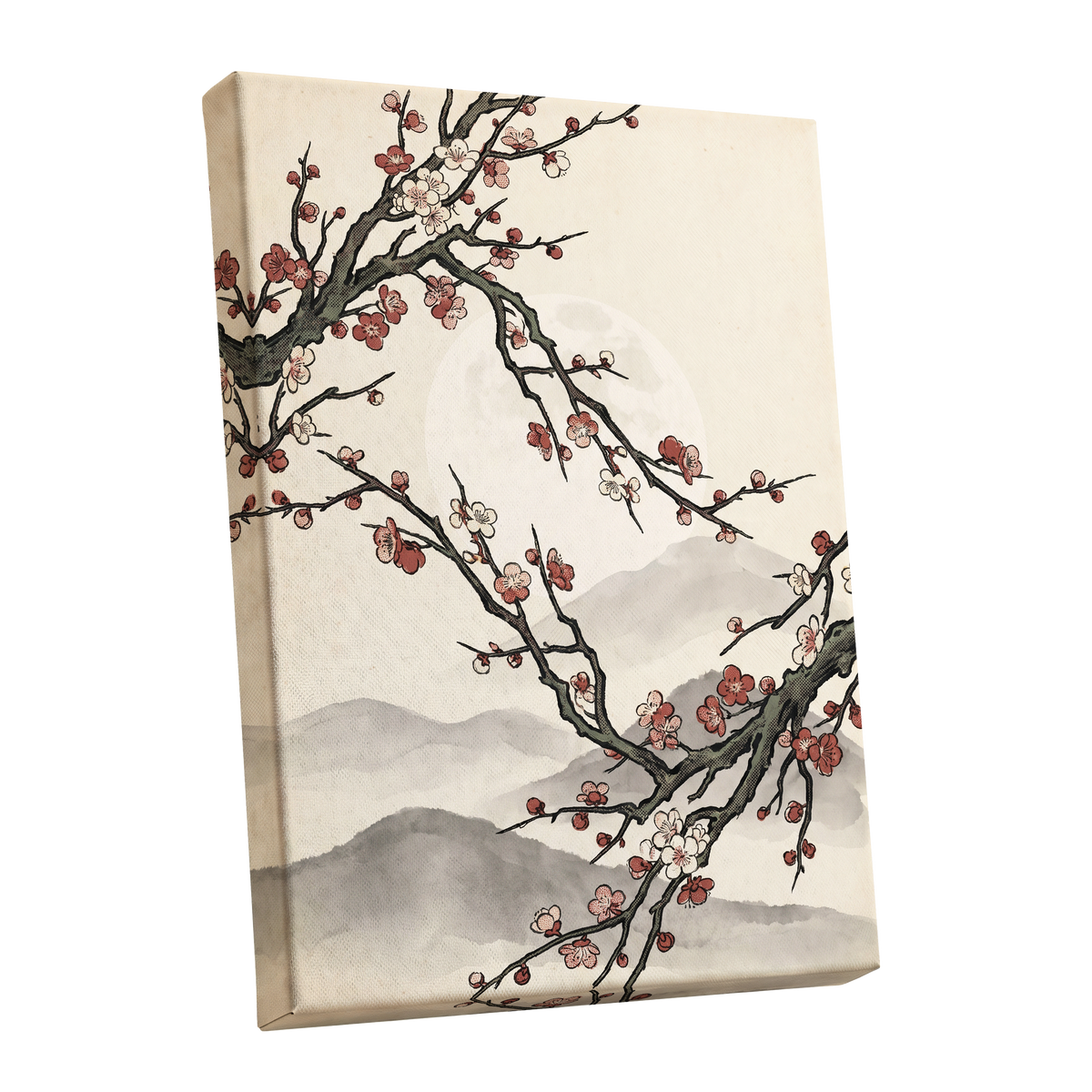 Blossoms in the Mist, beige, black, pink floral wall art shown as a stretched canvas wall art