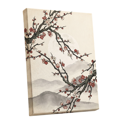Blossoms in the Mist, beige, black, pink floral wall art shown as a stretched canvas wall art