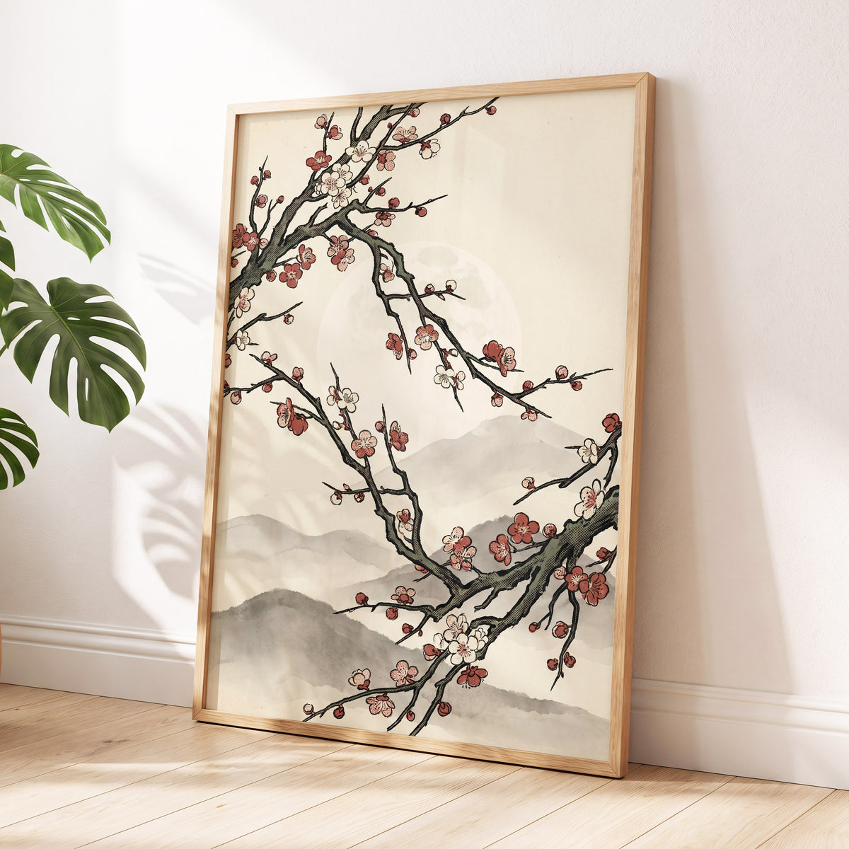 Blossoms in the Mist, beige, black, pink floral wall art displayed in a styled interior, gallery view 2