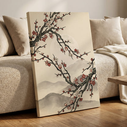 Blossoms in the Mist, beige, black, pink floral wall art displayed in a styled interior, gallery view 3