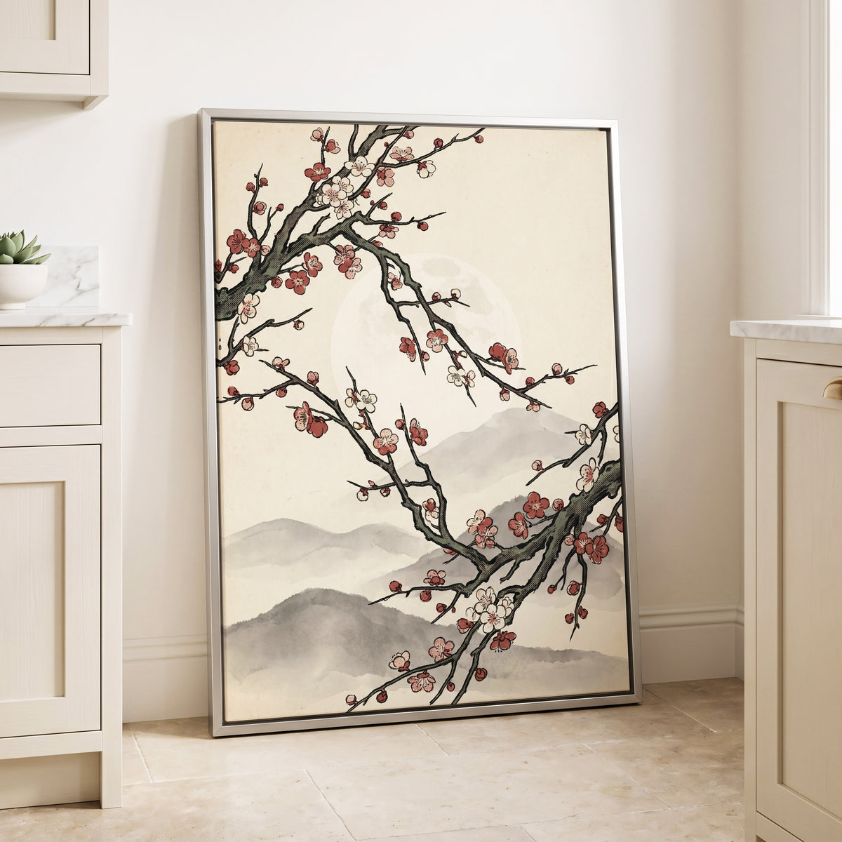 Blossoms in the Mist, beige, black, pink floral wall art displayed in a styled interior, gallery view 4