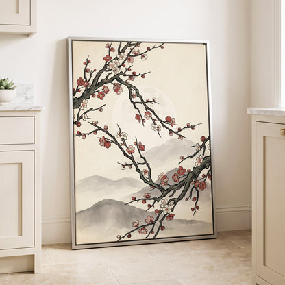 Blossoms in the Mist, beige, black, pink floral wall art displayed in a styled interior, gallery view 4