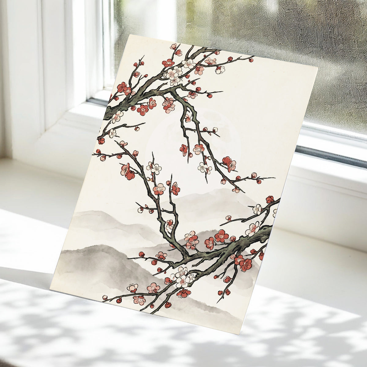 Blossoms in the Mist, beige, black, pink floral wall art displayed in a styled interior, gallery view 5