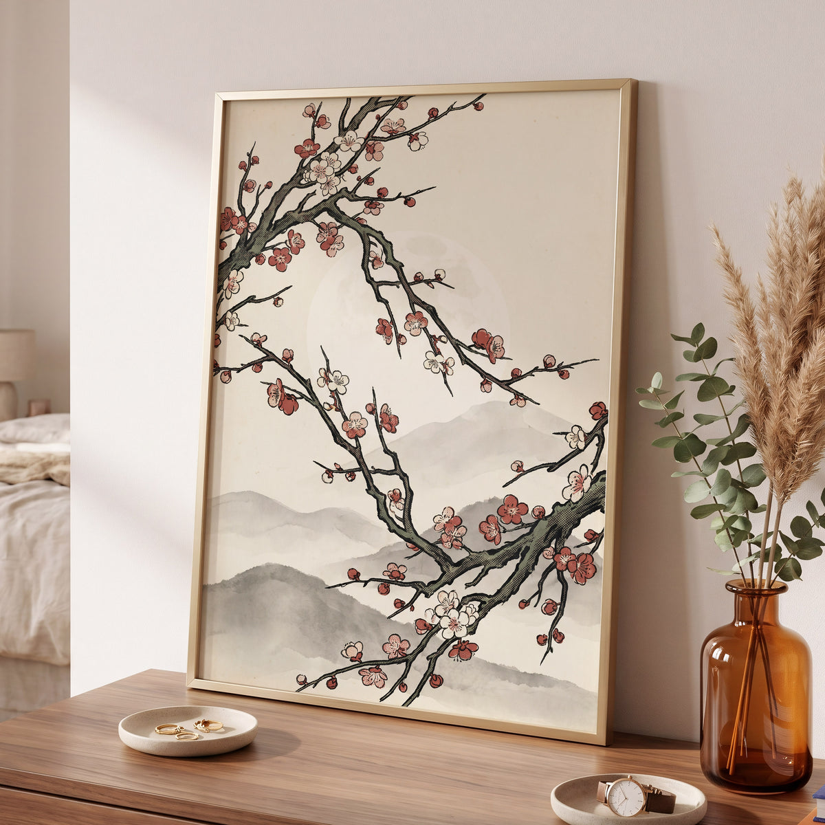 Blossoms in the Mist, beige, black, pink floral wall art displayed in a styled interior, gallery view 6