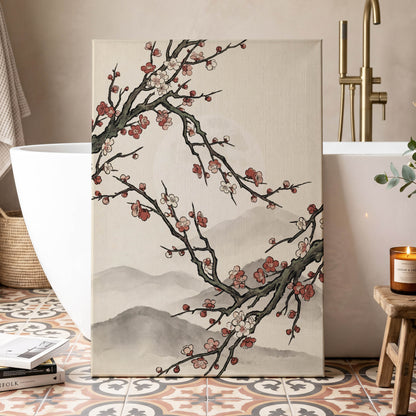 Blossoms in the Mist, beige, black, pink floral wall art displayed in a styled interior, gallery view 7