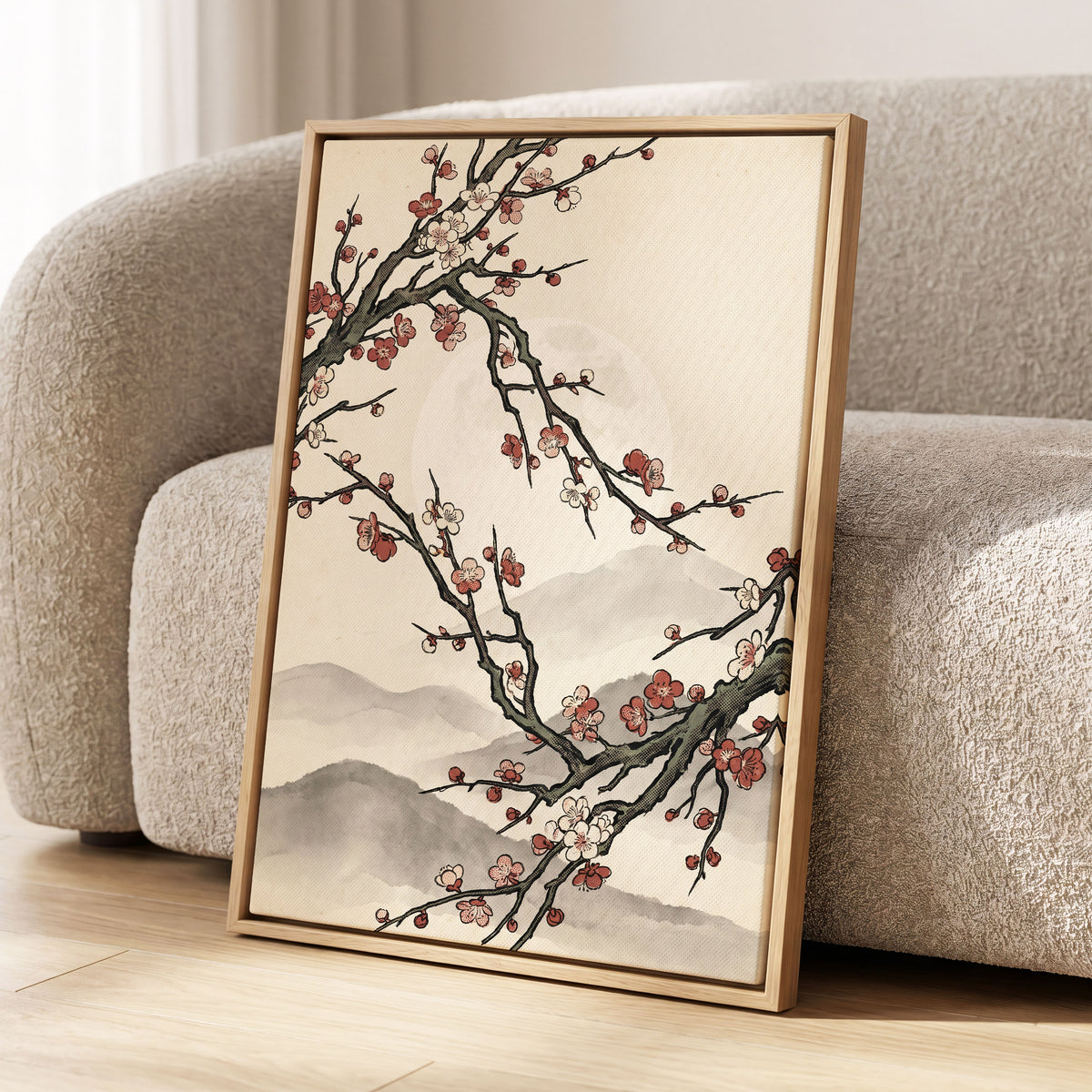 Blossoms in the Mist, beige, black, pink floral wall art displayed in a styled interior, gallery view 8