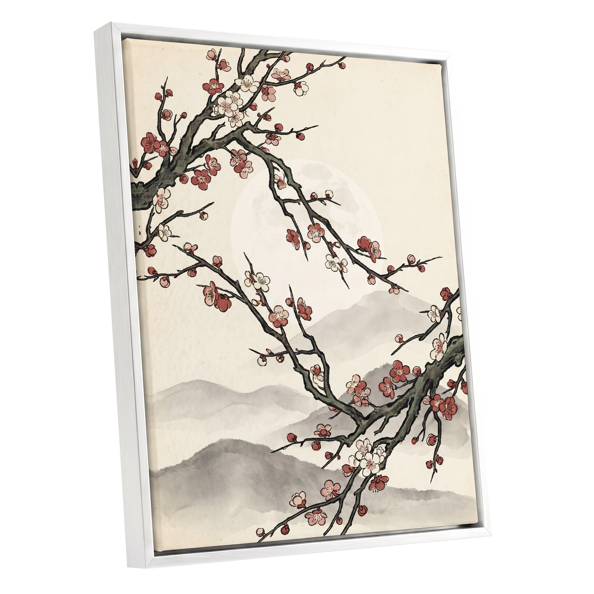 Blossoms in the Mist, beige, black, pink floral wall art shown as a white framed canvas wall art