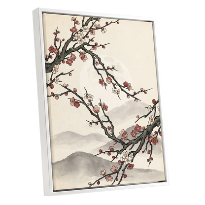 Blossoms in the Mist, beige, black, pink floral wall art shown as a white framed canvas wall art