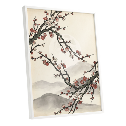 Blossoms in the Mist, beige, black, pink floral wall art shown as a white framed poster wall art print