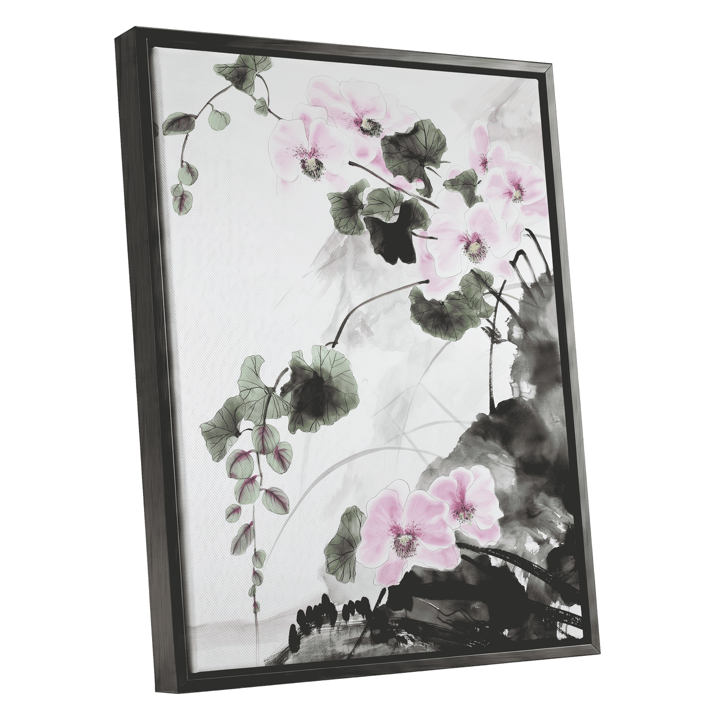 Blossoms Over Shadow, white, green, black floral wall art shown as a black framed canvas wall art