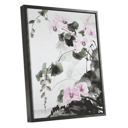 Blossoms Over Shadow, white, green, black floral wall art shown as a black framed canvas wall art