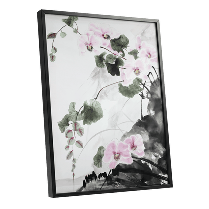 Blossoms Over Shadow, white, green, black floral wall art shown as a black framed poster wall art print