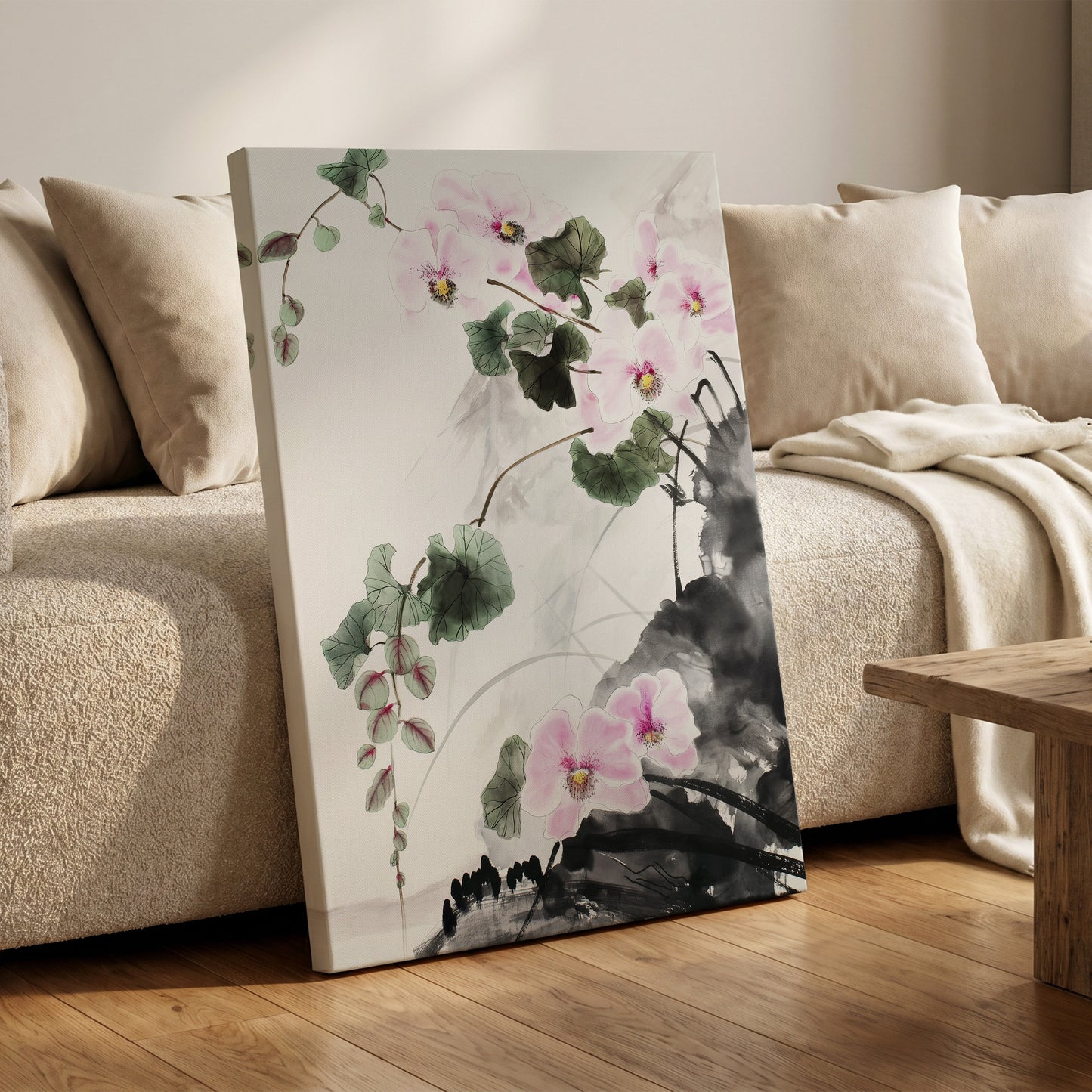 Blossoms Over Shadow, white, green, black floral wall art on canvas displayed in a styled interior, gallery view 1