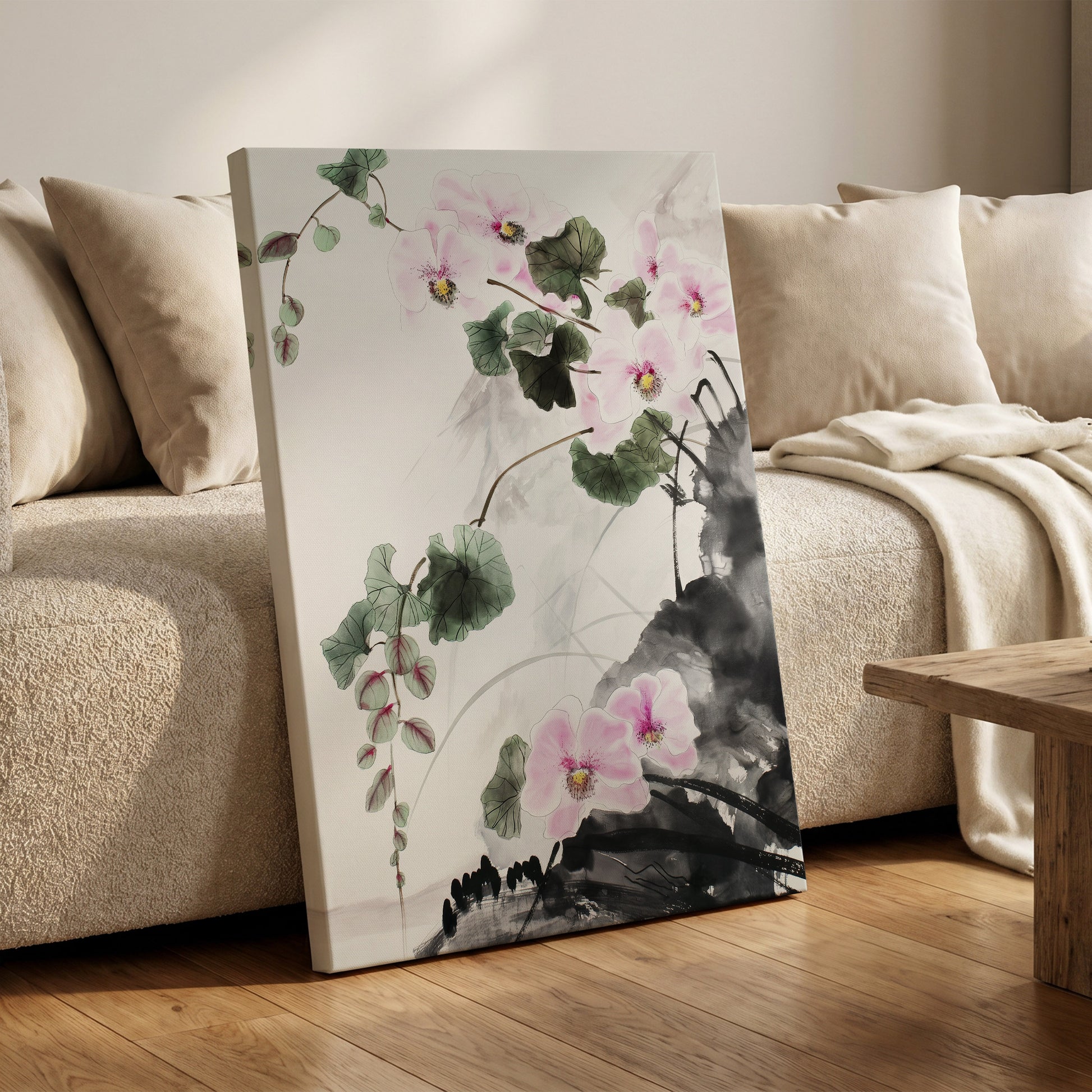 Blossoms Over Shadow, white, green, black floral wall art on canvas displayed in a styled interior, gallery view 1