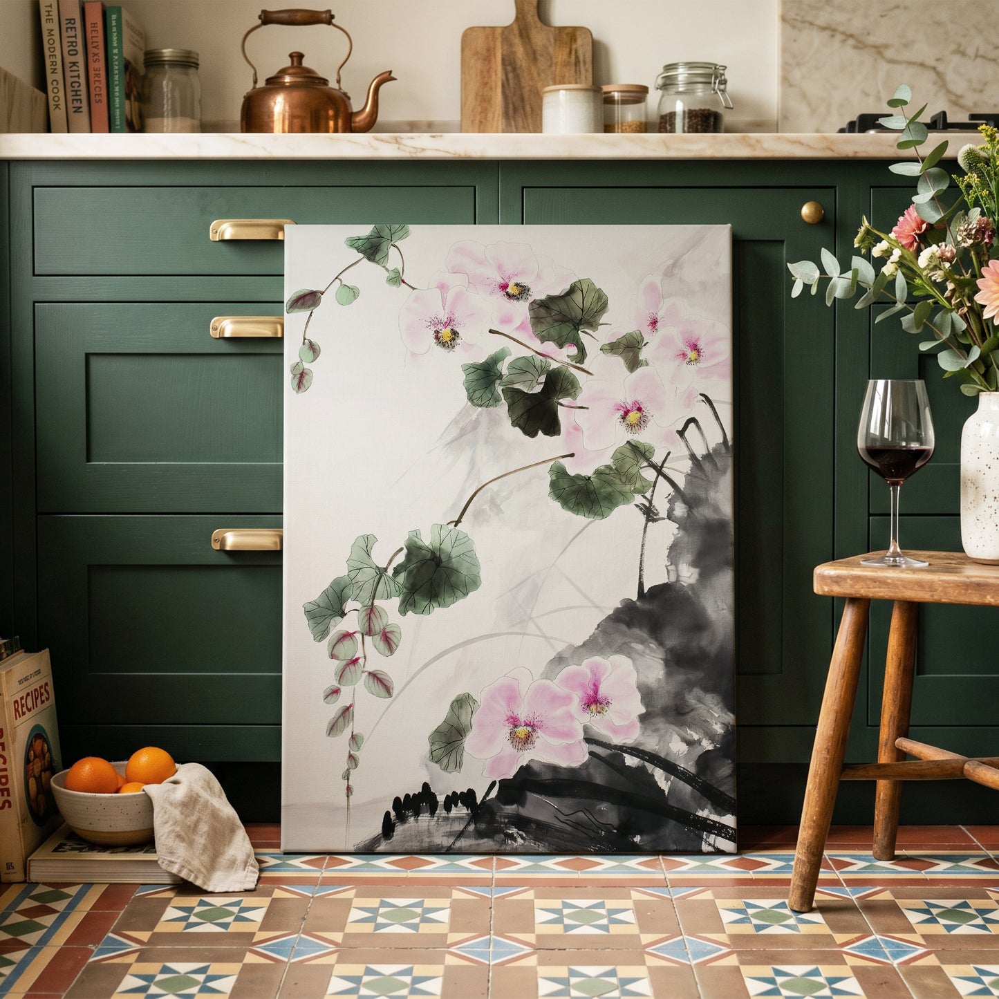 Blossoms Over Shadow, white, green, black floral wall art on canvas displayed in a styled interior, gallery view 2