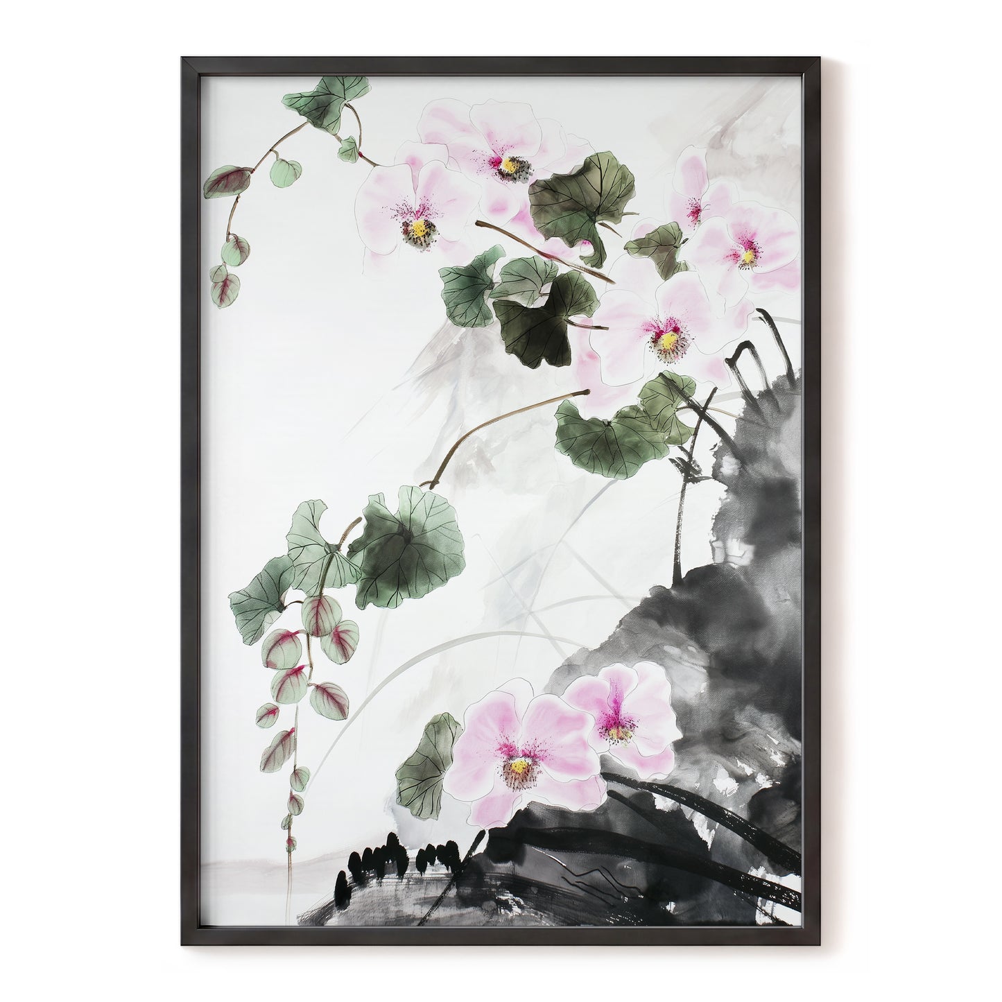 Blossoms Over Shadow, white, green, black floral wall art, front artwork view