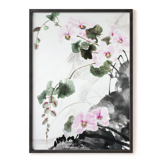 Blossoms Over Shadow, white, green, black floral wall art, front artwork view