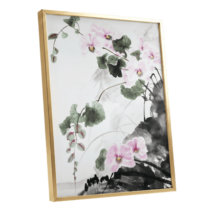 Blossoms Over Shadow, white, green, black floral wall art shown as a gold framed poster wall art print
