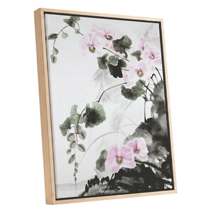 Blossoms Over Shadow, white, green, black floral wall art shown as a oak framed canvas wall art