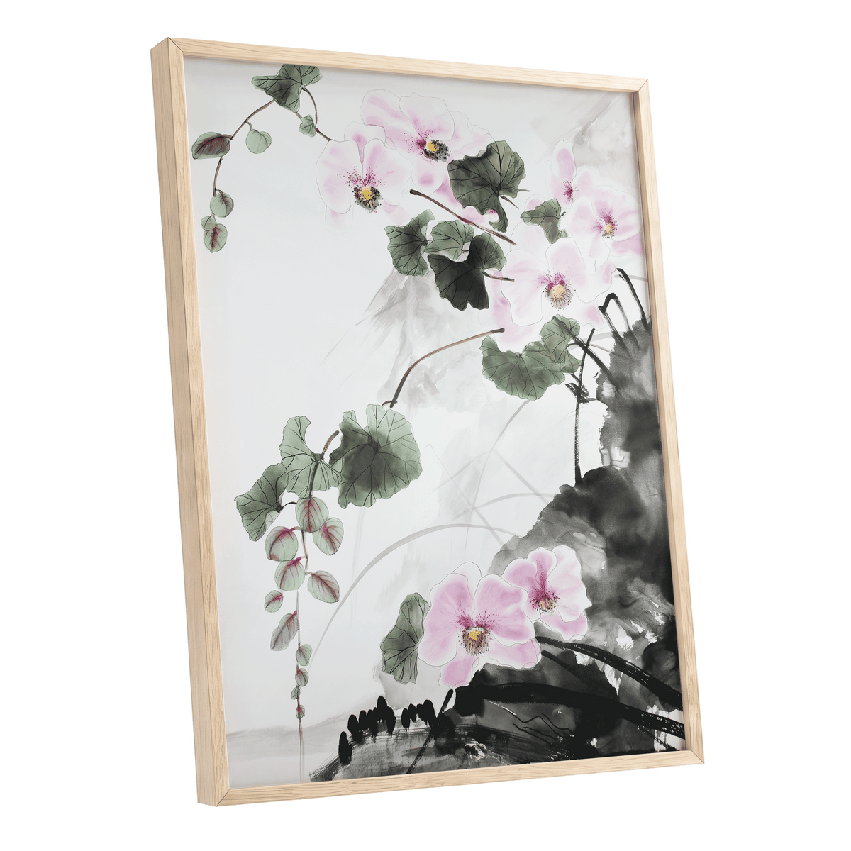 Blossoms Over Shadow, white, green, black floral wall art shown as a oak framed poster wall art print