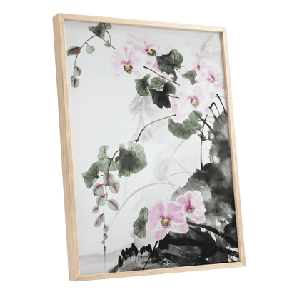 Blossoms Over Shadow, white, green, black floral wall art shown as a oak framed poster wall art print