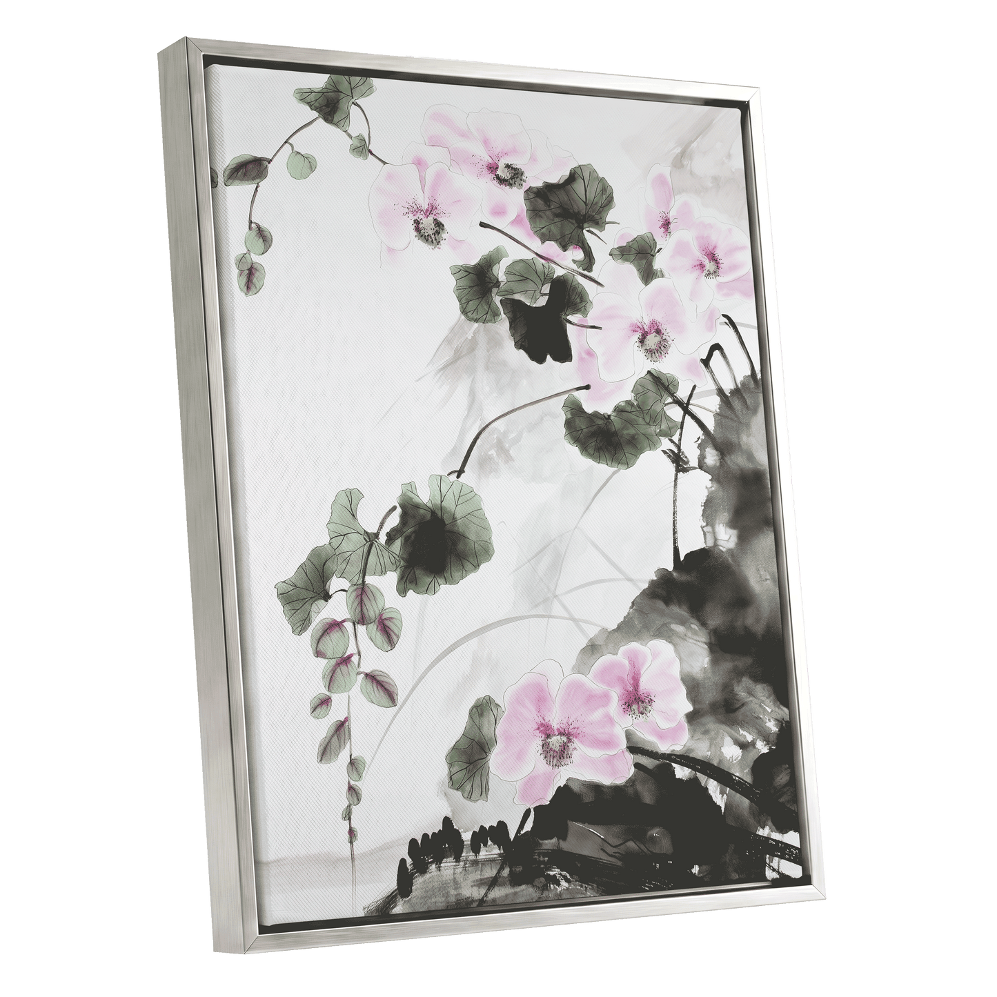 Blossoms Over Shadow, white, green, black floral wall art shown as a silver framed canvas wall art