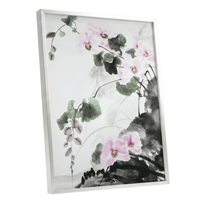 Blossoms Over Shadow, white, green, black floral wall art shown as a silver framed poster wall art print