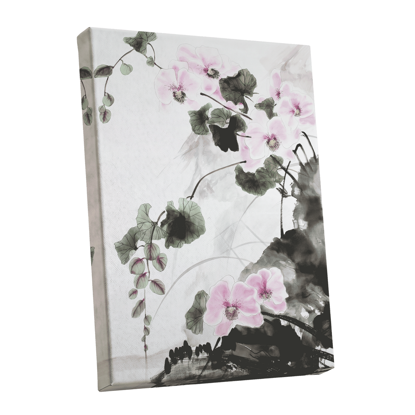 Blossoms Over Shadow, white, green, black floral wall art shown as a stretched canvas wall art